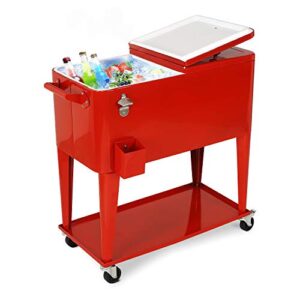 yusing patio rolling cooler ice chest cart with bottom shelf, portable beach patio party bar cold drink beverage chest, 80 quart, red