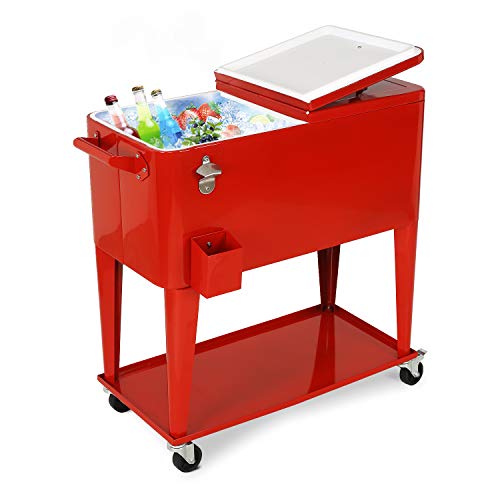 YUSING Patio Rolling Cooler Ice Chest Cart with Bottom Shelf, Portable Beach Patio Party Bar Cold Drink Beverage Chest, 80 Quart, Red