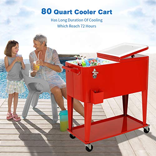 YUSING Patio Rolling Cooler Ice Chest Cart with Bottom Shelf, Portable Beach Patio Party Bar Cold Drink Beverage Chest, 80 Quart, Red