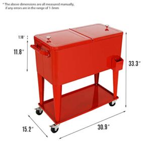 YUSING Patio Rolling Cooler Ice Chest Cart with Bottom Shelf, Portable Beach Patio Party Bar Cold Drink Beverage Chest, 80 Quart, Red