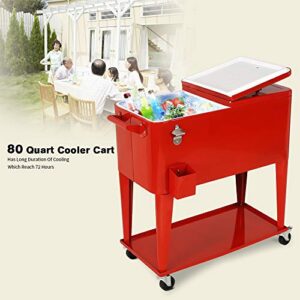 YUSING Patio Rolling Cooler Ice Chest Cart with Bottom Shelf, Portable Beach Patio Party Bar Cold Drink Beverage Chest, 80 Quart, Red