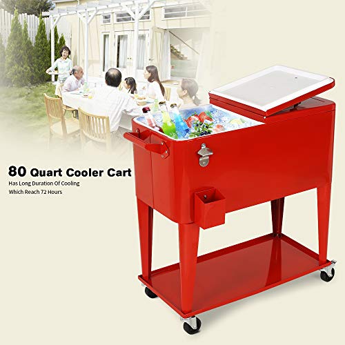 YUSING Patio Rolling Cooler Ice Chest Cart with Bottom Shelf, Portable Beach Patio Party Bar Cold Drink Beverage Chest, 80 Quart, Red