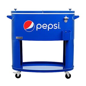 permasteel pepsi outdoor patio cooler with wheels | 80-quart rounded beverage rolling cooler, ps-a207-80pe-bl, for backyard deck, outside indoor outdoor drink cart, pepsi blue