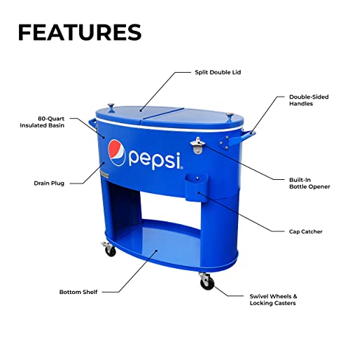 Permasteel Pepsi Outdoor Patio Cooler with Wheels | 80-Quart Rounded Beverage Rolling Cooler, PS-A207-80PE-BL, for Backyard Deck, Outside Indoor Outdoor Drink Cart, Pepsi Blue