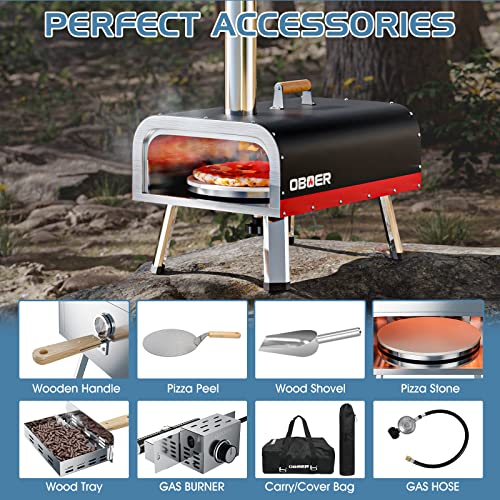 13" Portable Pizza Oven, Propane & Wood Fired Outdoor Pizza Oven, Stainless Steel Pizza Grill with Foldable Legs, Outdoor Pizza Oven with Gas Burner, Pizza Stone, Pizza Cutter, Carry Bag