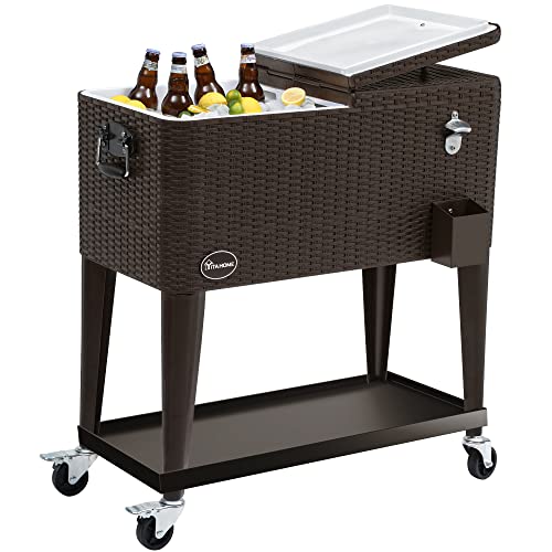 YITAHOME 80 Quart Rattan Rolling Cooler Cart with Bottle Opener Drainage, Portable Wicker Patio Cooler Rolling on Wheels, Outdoor Beverage Cart Rolling Drink Cooler for Patio Pool Deck Party Cookouts