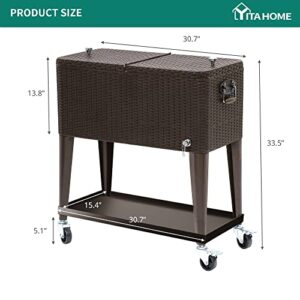 YITAHOME 80 Quart Rattan Rolling Cooler Cart with Bottle Opener Drainage, Portable Wicker Patio Cooler Rolling on Wheels, Outdoor Beverage Cart Rolling Drink Cooler for Patio Pool Deck Party Cookouts