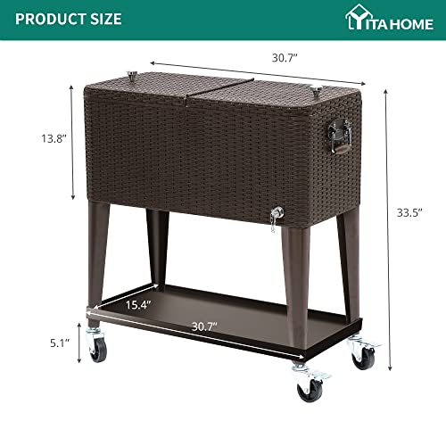 YITAHOME 80 Quart Rattan Rolling Cooler Cart with Bottle Opener Drainage, Portable Wicker Patio Cooler Rolling on Wheels, Outdoor Beverage Cart Rolling Drink Cooler for Patio Pool Deck Party Cookouts