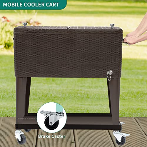 YITAHOME 80 Quart Rattan Rolling Cooler Cart with Bottle Opener Drainage, Portable Wicker Patio Cooler Rolling on Wheels, Outdoor Beverage Cart Rolling Drink Cooler for Patio Pool Deck Party Cookouts
