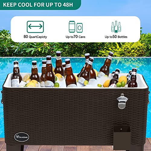 YITAHOME 80 Quart Rattan Rolling Cooler Cart with Bottle Opener Drainage, Portable Wicker Patio Cooler Rolling on Wheels, Outdoor Beverage Cart Rolling Drink Cooler for Patio Pool Deck Party Cookouts