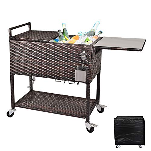 RELAXIXI 80 Quart Rattan Rolling Cooler Cart, Portable Wicker Cooler Trolley, Beverage for Patio Pool Party, Ice Chest with Cutting Board, Bottle Opener, Cap Catch and Cover (Dual Top - Brown Wicker)