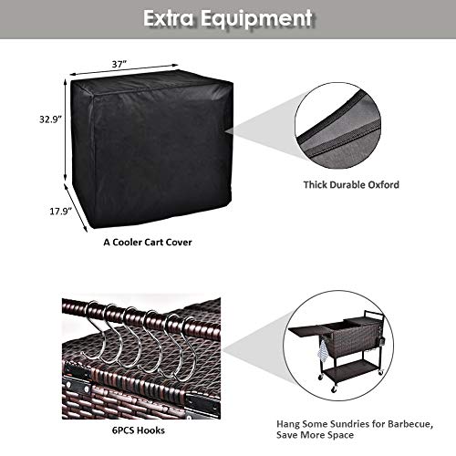 RELAXIXI 80 Quart Rattan Rolling Cooler Cart, Portable Wicker Cooler Trolley, Beverage for Patio Pool Party, Ice Chest with Cutting Board, Bottle Opener, Cap Catch and Cover (Dual Top - Brown Wicker)