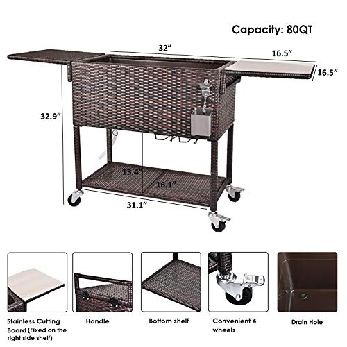 RELAXIXI 80 Quart Rattan Rolling Cooler Cart, Portable Wicker Cooler Trolley, Beverage for Patio Pool Party, Ice Chest with Cutting Board, Bottle Opener, Cap Catch and Cover (Dual Top - Brown Wicker)