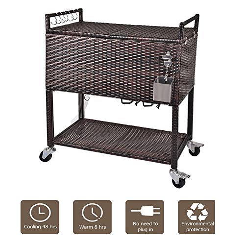 RELAXIXI 80 Quart Rattan Rolling Cooler Cart, Portable Wicker Cooler Trolley, Beverage for Patio Pool Party, Ice Chest with Cutting Board, Bottle Opener, Cap Catch and Cover (Dual Top - Brown Wicker)