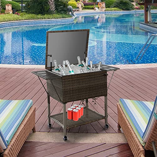 Giantex 108 Quart Rolling Cooler with Wheels, PE Rattan Rolling Cart, Wicker Cooler Trolley with Shelf, Side Display, Bottom Storage Shelf, Beverage Bar for Outdoor, Patio, Poolside, Porch