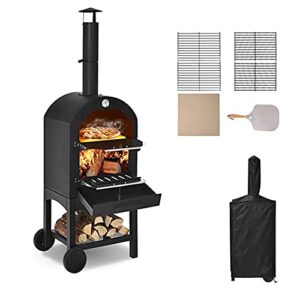 fired outdoor pizza oven, wood fired pizza oven for outside, freestanding steel oven with 2 wheels ideal for barbecue camping backyard party