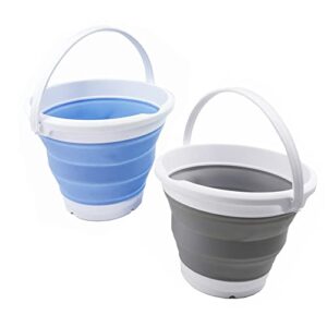sammart 5.5l (1.4 gallon) collapsible plastic bucket - foldable round tub - portable fishing water pail - space saving outdoor waterpot (grey + baby blue (set of 2))