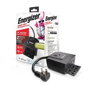 energizer smart wi-fi outdoor plug, water-resistant, 2 individually controlled outdoors, customizable schedules/remote access with app, compatible with alexa, siri, google assistant