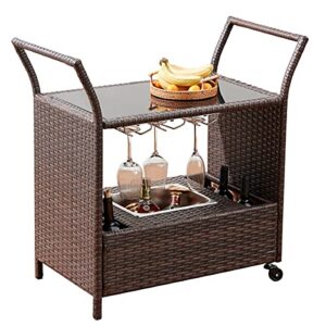 erommy outdoor wicker bar cart, rolling patio wine cart with removable ice bucket & wine glass holders, rattan bar serving cart with glass countertop, beverage cart for pool, party, backyard