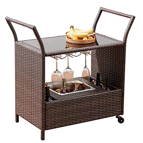 EROMMY Outdoor Wicker Bar Cart, Rolling Patio Wine Cart with Removable Ice Bucket & Wine Glass Holders, Rattan Bar Serving Cart with Glass Countertop, Beverage Cart for Pool, Party, Backyard