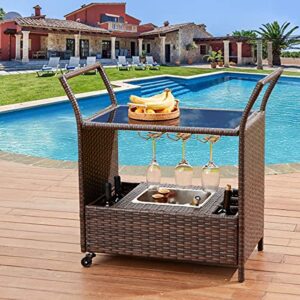 EROMMY Outdoor Wicker Bar Cart, Rolling Patio Wine Cart with Removable Ice Bucket & Wine Glass Holders, Rattan Bar Serving Cart with Glass Countertop, Beverage Cart for Pool, Party, Backyard