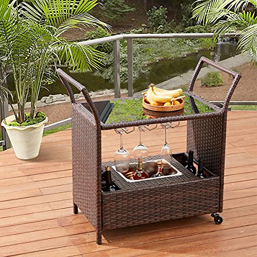 EROMMY Outdoor Wicker Bar Cart, Rolling Patio Wine Cart with Removable Ice Bucket & Wine Glass Holders, Rattan Bar Serving Cart with Glass Countertop, Beverage Cart for Pool, Party, Backyard