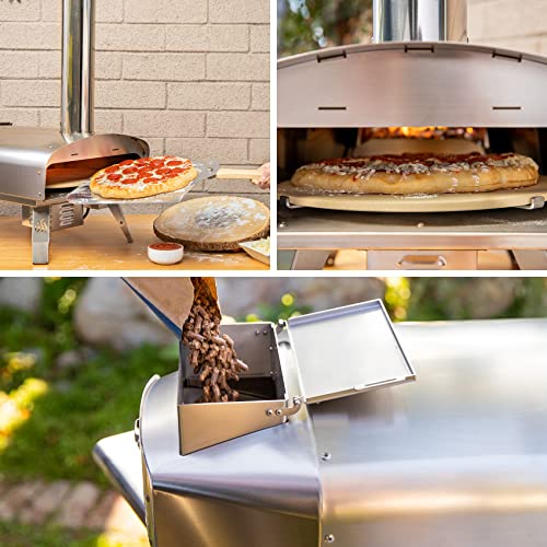 Mimiuo Wood Pellet Pizza Oven Stainless Outdoor Portable Steel Wood Fired Pizza Oven Kit with13" Pizza Stone, Foldable Pizza Peel and Automatic Rotation System (Tisserie W-Oven Series)