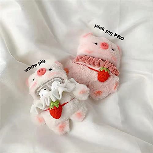 Cute Unique Creative Stylish Furry Cartoon Handmade Fur White Pig Piggy Knit Animal Plush Case Compatible with Airpods2 Aiprods Girlilsh Strawberry Headphone Stuffed Cover for Girls Women Best Gift