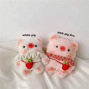 Cute Unique Creative Stylish Furry Cartoon Handmade Fur White Pig Piggy Knit Animal Plush Case Compatible with Airpods2 Aiprods Girlilsh Strawberry Headphone Stuffed Cover for Girls Women Best Gift