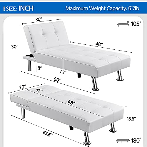 Topeakmart Faux Leather Upholstered Sofa Convertible Recline Sofa Bed for Living Room/Bedroom/Small Apartment Modern Couch Daybed with Chrome Metal Legs Comfortable Versatile Sofa,White