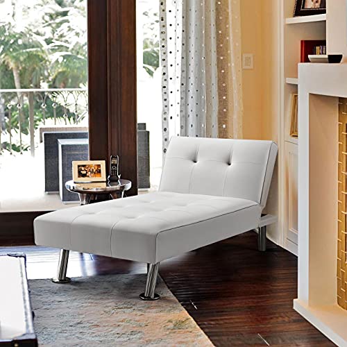 Topeakmart Faux Leather Upholstered Sofa Convertible Recline Sofa Bed for Living Room/Bedroom/Small Apartment Modern Couch Daybed with Chrome Metal Legs Comfortable Versatile Sofa,White