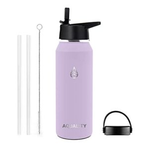 aquality reusable water bottle with straw, insulated stainless steel, bpa free lids (blushberry, 32 oz)