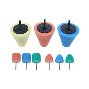 AuInLand 3 PCS 1/4 Inch Shank Sponge Buffing Pads with 3 PCS 1/8 Shank Cylindrical Shaped Sponge Polishing Pads and 3 PCS 1/8 Shank Cone Shaped Mini Detailer Polisher Pads