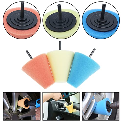 AuInLand 3 PCS 1/4 Inch Shank Sponge Buffing Pads with 3 PCS 1/8 Shank Cylindrical Shaped Sponge Polishing Pads and 3 PCS 1/8 Shank Cone Shaped Mini Detailer Polisher Pads