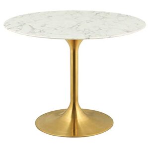 hawthorne collections mid-century 40" round faux marble top pedestal dining table in gold