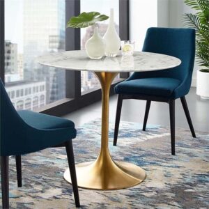 Hawthorne Collections Mid-Century 40" Round Faux Marble Top Pedestal Dining Table in Gold