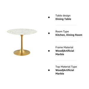 Hawthorne Collections Mid-Century 40" Round Faux Marble Top Pedestal Dining Table in Gold