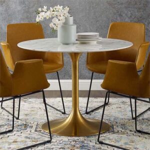 Hawthorne Collections Mid-Century 40" Round Faux Marble Top Pedestal Dining Table in Gold