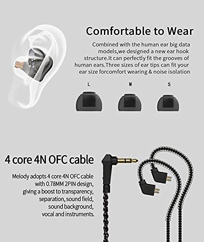 Kinboofi CCZ Melody in Ear Monitors, Dynamic Hybrid Dual Driver in Ear Headphones 1BA+1DD HiFi Wired Headphones Musicians IEM Upgrade Deep Bass Suitable for Audiophile Musician(No MIC, Black)