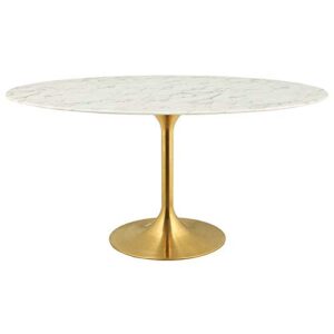 hawthorne collections mid-century 60" oval faux marble top pedestal dining table in gold