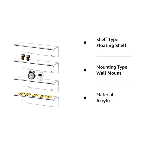 LikeU 4 PCS Clear Acrylic Floating Shelves Display Ledge,5 MM Thick Wall Mounted Storage Shelf with Detachable Hooks for Entryway/Living Room/Kitchen or Office 15.8 Inch Damage Free Bathroom Shelves