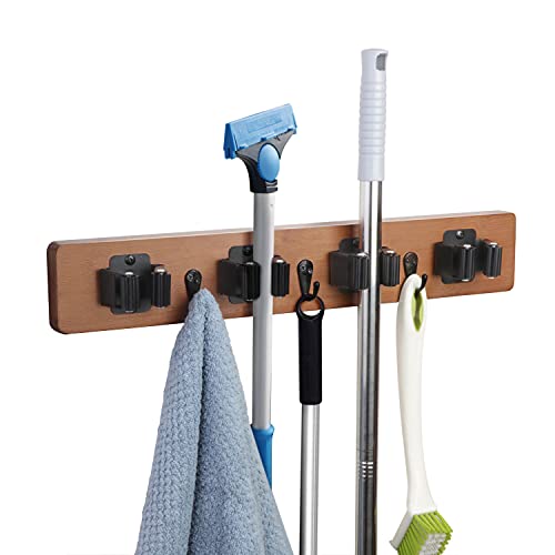 JSVER Broom Holder Wall Mount Mop Broom Holder, Tool Organizer Wall Hanger, Storage Rack with 3 Hooks 4 Racks, Wood Broom Holder for Bathroom Kitchen, Garden, Garage Laundry Room