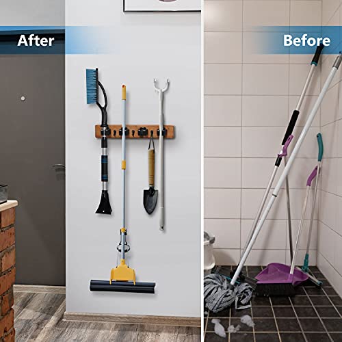 JSVER Broom Holder Wall Mount Mop Broom Holder, Tool Organizer Wall Hanger, Storage Rack with 3 Hooks 4 Racks, Wood Broom Holder for Bathroom Kitchen, Garden, Garage Laundry Room