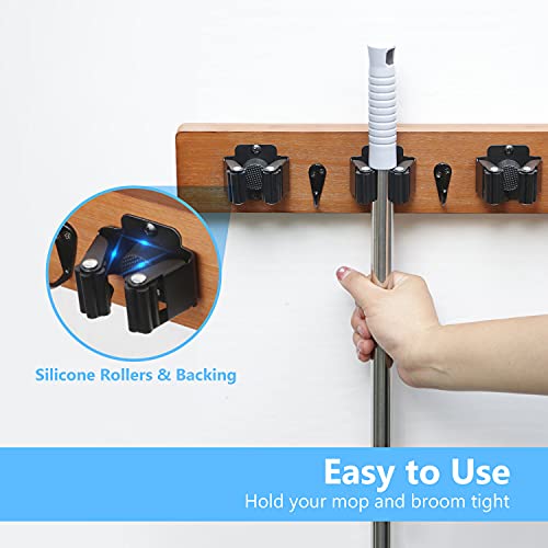 JSVER Broom Holder Wall Mount Mop Broom Holder, Tool Organizer Wall Hanger, Storage Rack with 3 Hooks 4 Racks, Wood Broom Holder for Bathroom Kitchen, Garden, Garage Laundry Room