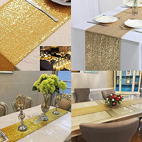 12 Packs 12 X 72 Inch Sequin Table Runner Glitter Dining Table Runner for Birthday Wedding Engagement Bridal Baby Shower Bachelorette Holiday Celebration Party Supplies Decorations (Champagne Gold)