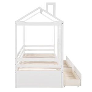 Merax House Bed with Two Drawers, Window and Roof, Twin Size Wood Storage Bunk Bed Daybed Can be Decorated for Girls, Boys (White)