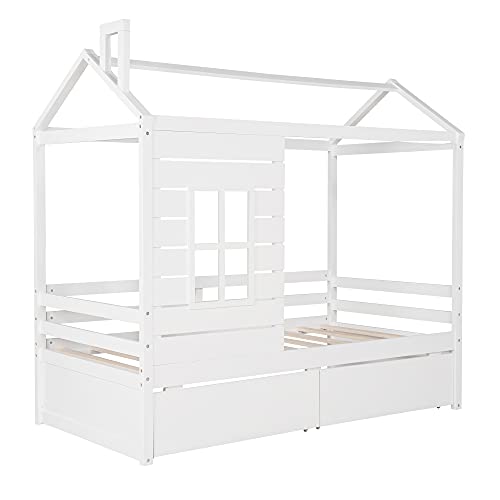 Merax House Bed with Two Drawers, Window and Roof, Twin Size Wood Storage Bunk Bed Daybed Can be Decorated for Girls, Boys (White)