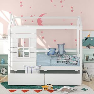 Merax House Bed with Two Drawers, Window and Roof, Twin Size Wood Storage Bunk Bed Daybed Can be Decorated for Girls, Boys (White)