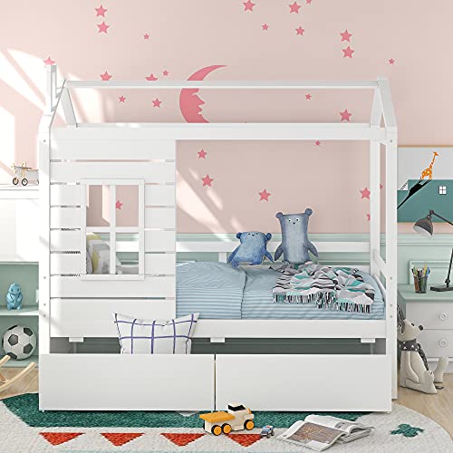 Merax House Bed with Two Drawers, Window and Roof, Twin Size Wood Storage Bunk Bed Daybed Can be Decorated for Girls, Boys (White)