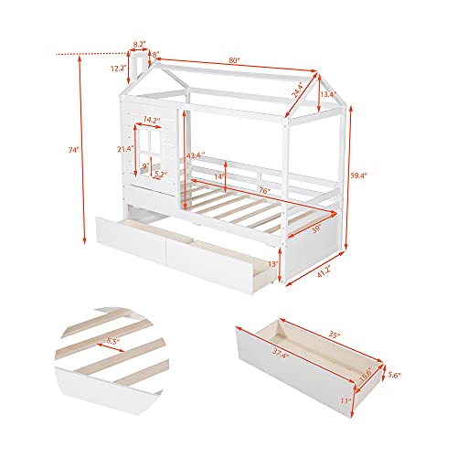 Merax House Bed with Two Drawers, Window and Roof, Twin Size Wood Storage Bunk Bed Daybed Can be Decorated for Girls, Boys (White)